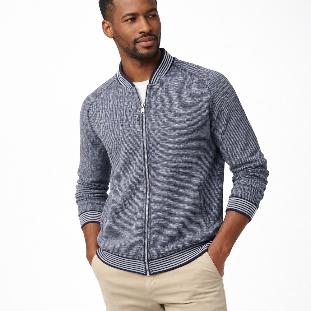 Robert Graham Mens Classic Fit Zip Up Knit Jacket Blue Stripe XL